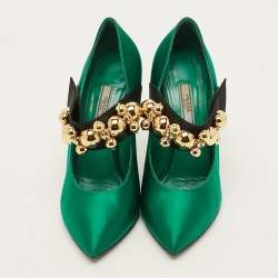 Pre Owned Prada Size 38.5 Green/Black Satin Embellished Mary Jane Pumps