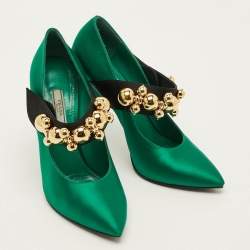 Pre Owned Prada Size 38.5 Green/Black Satin Embellished Mary Jane Pumps