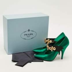 Pre Owned Prada Size 38.5 Green/Black Satin Embellished Mary Jane Pumps