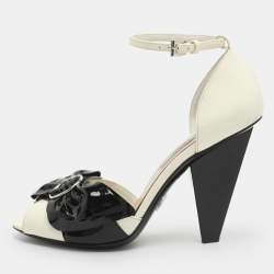 Pre Owned Prada Size 37.5 White/Black Patent Leather Bow Ankle Strap Pumps