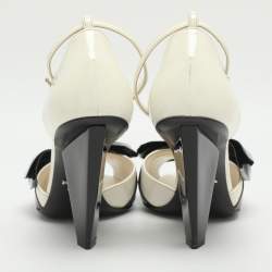 Pre Owned Prada Size 37.5 White/Black Patent Leather Bow Ankle Strap Pumps