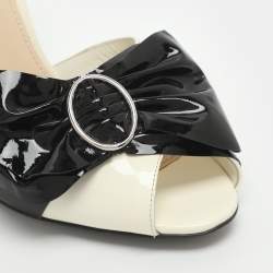 Pre Owned Prada Size 37.5 White/Black Patent Leather Bow Ankle Strap Pumps