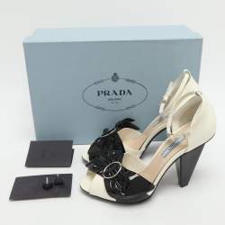 Pre Owned Prada Size 37.5 White/Black Patent Leather Bow Ankle Strap Pumps