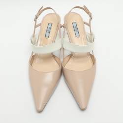 Pre Owned حذاء كعب عالي برادا جلد بيج/أبيض بمقاس 39.5