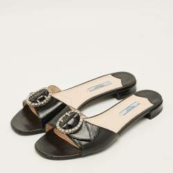 Pre Owned Prada  Size 39.5 Black Patent Saffiano Leather Crystal Embellished Flat Slides