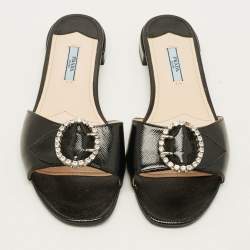 Pre Owned Prada  Size 39.5 Black Patent Saffiano Leather Crystal Embellished Flat Slides