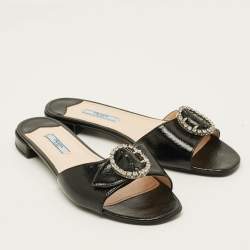 Pre Owned Prada  Size 39.5 Black Patent Saffiano Leather Crystal Embellished Flat Slides