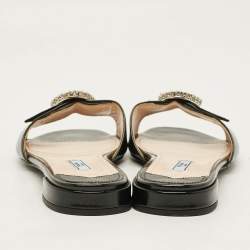 Pre Owned Prada  Size 39.5 Black Patent Saffiano Leather Crystal Embellished Flat Slides
