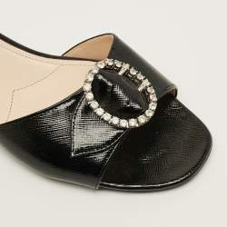 Pre Owned Prada  Size 39.5 Black Patent Saffiano Leather Crystal Embellished Flat Slides