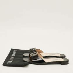 Pre Owned Prada  Size 39.5 Black Patent Saffiano Leather Crystal Embellished Flat Slides