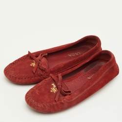 Pre Owned Prada Bow Size 37 Red Suede Slip On Loafers