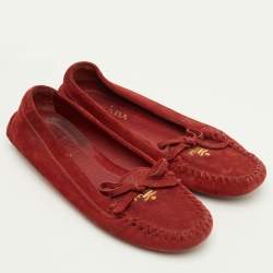Pre Owned Prada Bow Size 37 Red Suede Slip On Loafers