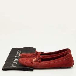 Pre Owned Prada Bow Size 37 Red Suede Slip On Loafers