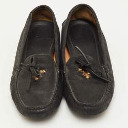 مملوكة مسبقًا Prada Bow Size 37 Black Leather Slip On Loafers