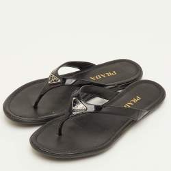 Pre Owned Prada Triangle Logo Size 37 Black Patent Leather Thong Flats
