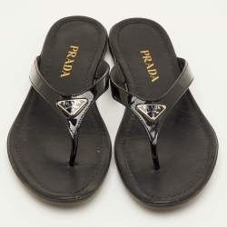 Pre Owned Prada Triangle Logo Size 37 Black Patent Leather Thong Flats