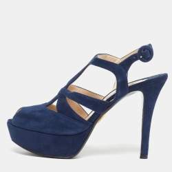 Pre Owned Prada Size 38.5 Navy Blue Suede Platform Ankle Strap Sandals
