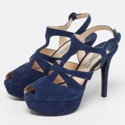 Pre Owned Prada Size 38.5 Navy Blue Suede Platform Ankle Strap Sandals