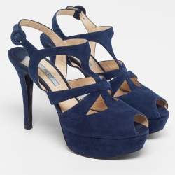 Pre Owned Prada Size 38.5 Navy Blue Suede Platform Ankle Strap Sandals