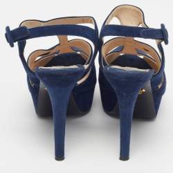 Pre Owned Prada Size 38.5 Navy Blue Suede Platform Ankle Strap Sandals