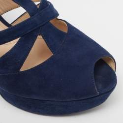 Pre Owned Prada Size 38.5 Navy Blue Suede Platform Ankle Strap Sandals