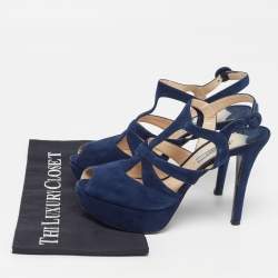 Pre Owned Prada Size 38.5 Navy Blue Suede Platform Ankle Strap Sandals