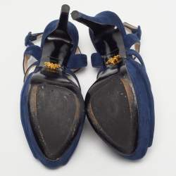Pre Owned Prada Size 38.5 Navy Blue Suede Platform Ankle Strap Sandals