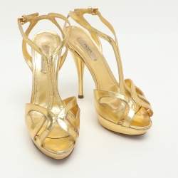 Pre Owned Prada Size 36 Gold Metallic Leather T-Strap Sandals