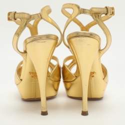 Pre Owned Prada Size 36 Gold Metallic Leather T-Strap Sandals