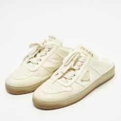 Pre Owned مولز مسطحة من الجلد المدبوغ البيج برادا مقاس 39