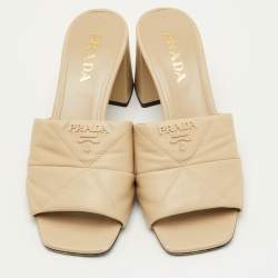 Pre Owned Prada Size 39.5 Beige Quilted Leather Block Heel Slide Sandals