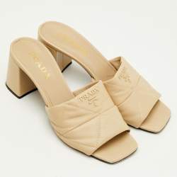 Pre Owned Prada Size 39.5 Beige Quilted Leather Block Heel Slide Sandals