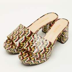 Pre Owned Prada Size 40 Multicolor Pattern Patent Leather Platform Block Heel Slide Sandals