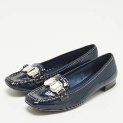 Pre Owned Prada Bow Size 35 Navy Blue Patent Leather Crystal Embellished Slip On Loafers