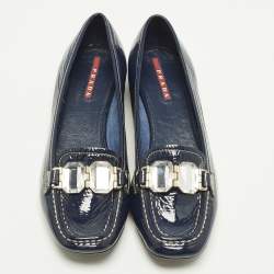 Pre Owned Prada Bow Size 35 Navy Blue Patent Leather Crystal Embellished Slip On Loafers