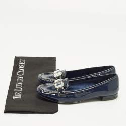 Pre Owned Prada Bow Size 35 Navy Blue Patent Leather Crystal Embellished Slip On Loafers