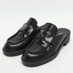 Pre Owned Prada Logo Size 36.5 Black Leather Loafer Mules 