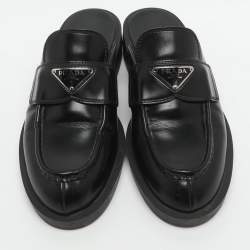 Pre Owned Prada Logo Size 36.5 Black Leather Loafer Mules 