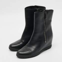 Pre Owned Prada Size 38 Black Leather Wedge Ankle Length Boots