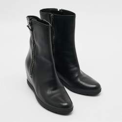 Pre Owned Prada Size 38 Black Leather Wedge Ankle Length Boots