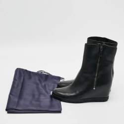 Pre Owned Prada Size 38 Black Leather Wedge Ankle Length Boots