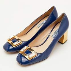 Pre Owned Prada Size 40.5 Navy Blue Patent Leather Crystal Block Heel Pumps