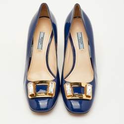 Pre Owned Prada Size 40.5 Navy Blue Patent Leather Crystal Block Heel Pumps