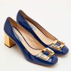 Pre Owned Prada Size 40.5 Navy Blue Patent Leather Crystal Block Heel Pumps