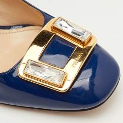 Pre Owned Prada Size 40.5 Navy Blue Patent Leather Crystal Block Heel Pumps