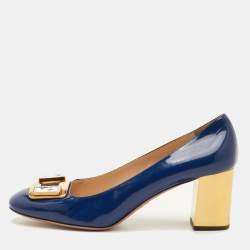 Pre Owned Prada Size 40.5 Navy Blue Patent Leather Crystal Block Heel Pumps