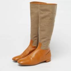 Pre Owned Prada Size 36.5 Brown/Beige Canvas and Leather Knee Length Boots