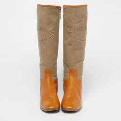 Pre Owned Prada Size 36.5 Brown/Beige Canvas and Leather Knee Length Boots
