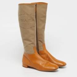 Pre Owned Prada Size 36.5 Brown/Beige Canvas and Leather Knee Length Boots