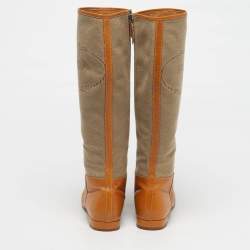 Pre Owned Prada Size 36.5 Brown/Beige Canvas and Leather Knee Length Boots